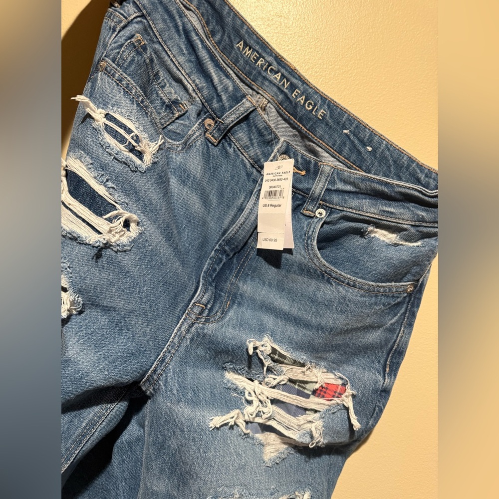 NWT American Eagle Mom Straight Jean Blue Denim plaid patchwork size 8 reg - Picture 9 of 12